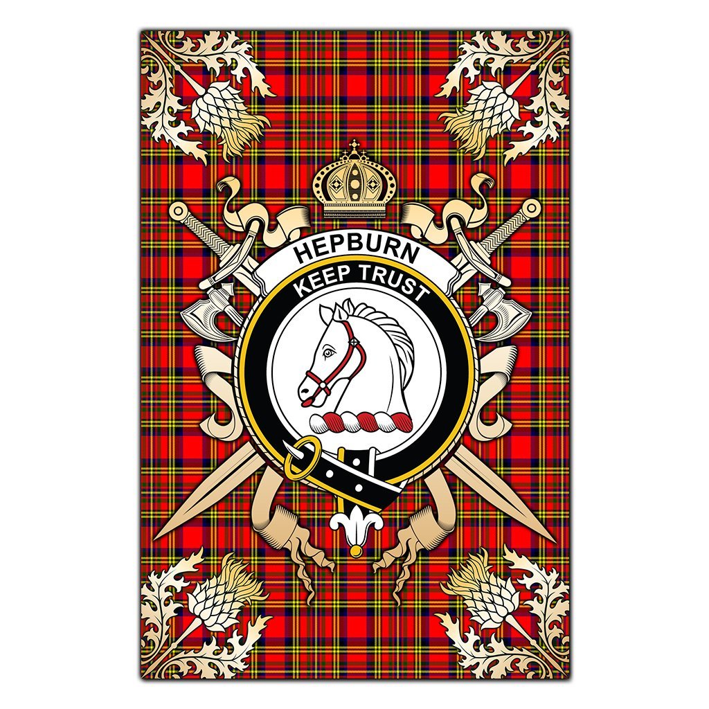 Clan Hepburn Tartan Crest Black Garden Flag  - Gold Thistle  ZC11 Clan Hepburn Tartan Today   