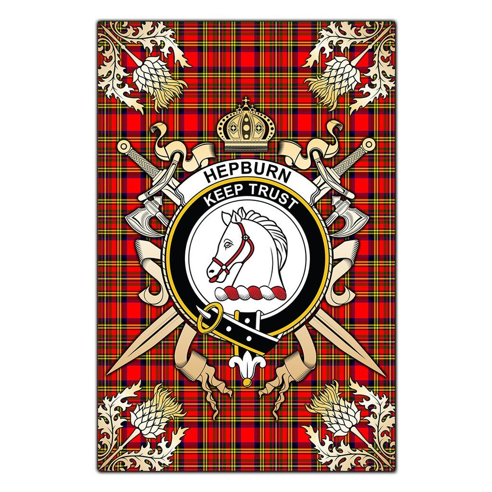 Clan Hepburn Tartan Crest Black Garden Flag  - Gold Thistle  ZC11 Clan Hepburn Tartan Today   