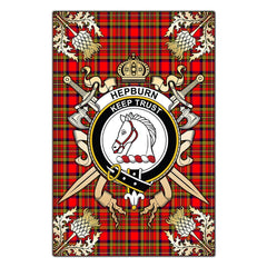 Clan Hepburn Tartan Crest Black Garden Flag  - Gold Thistle  ZC11 Clan Hepburn Tartan Today   