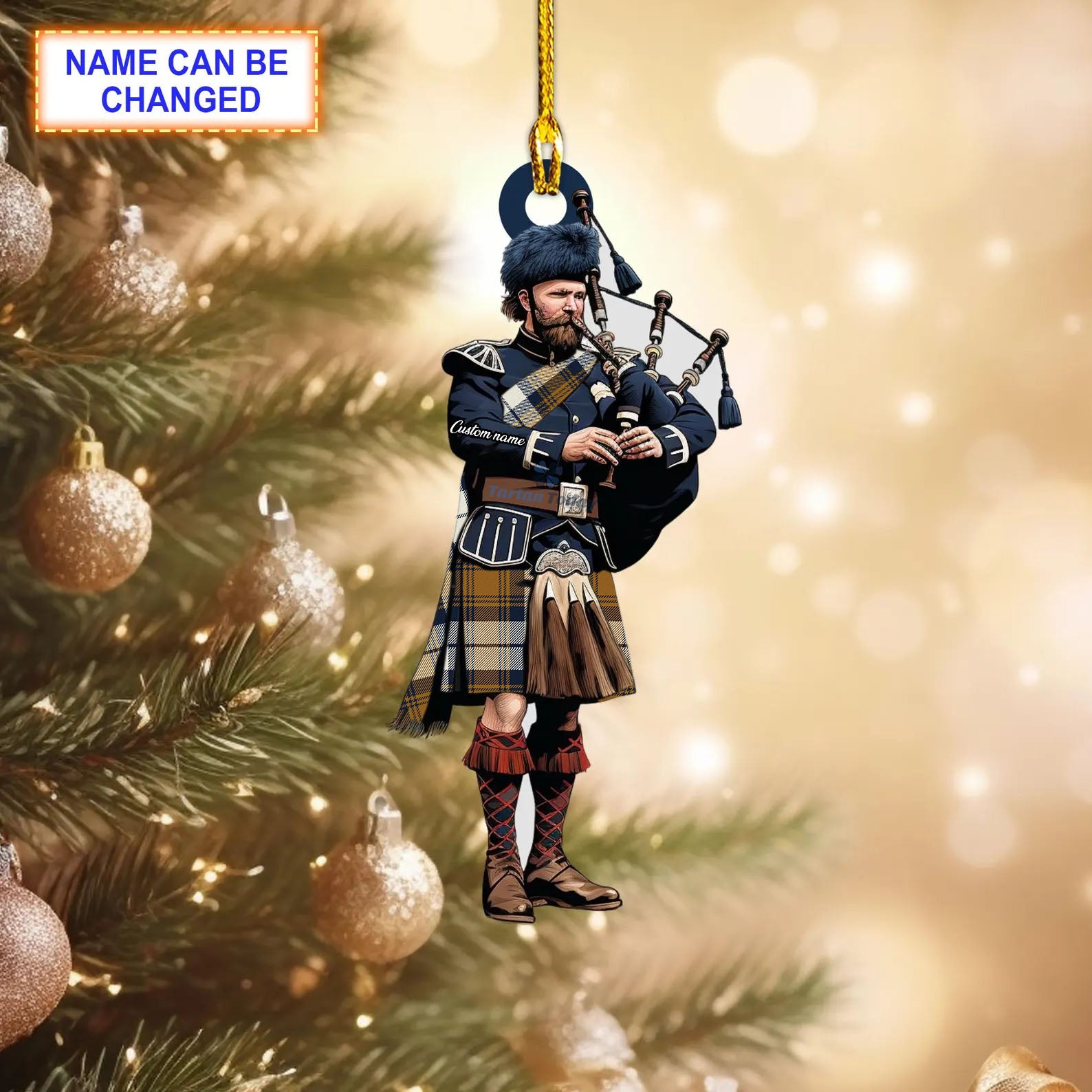 Heriot Modern Tartan Bagpipe Ornament with Custom Name