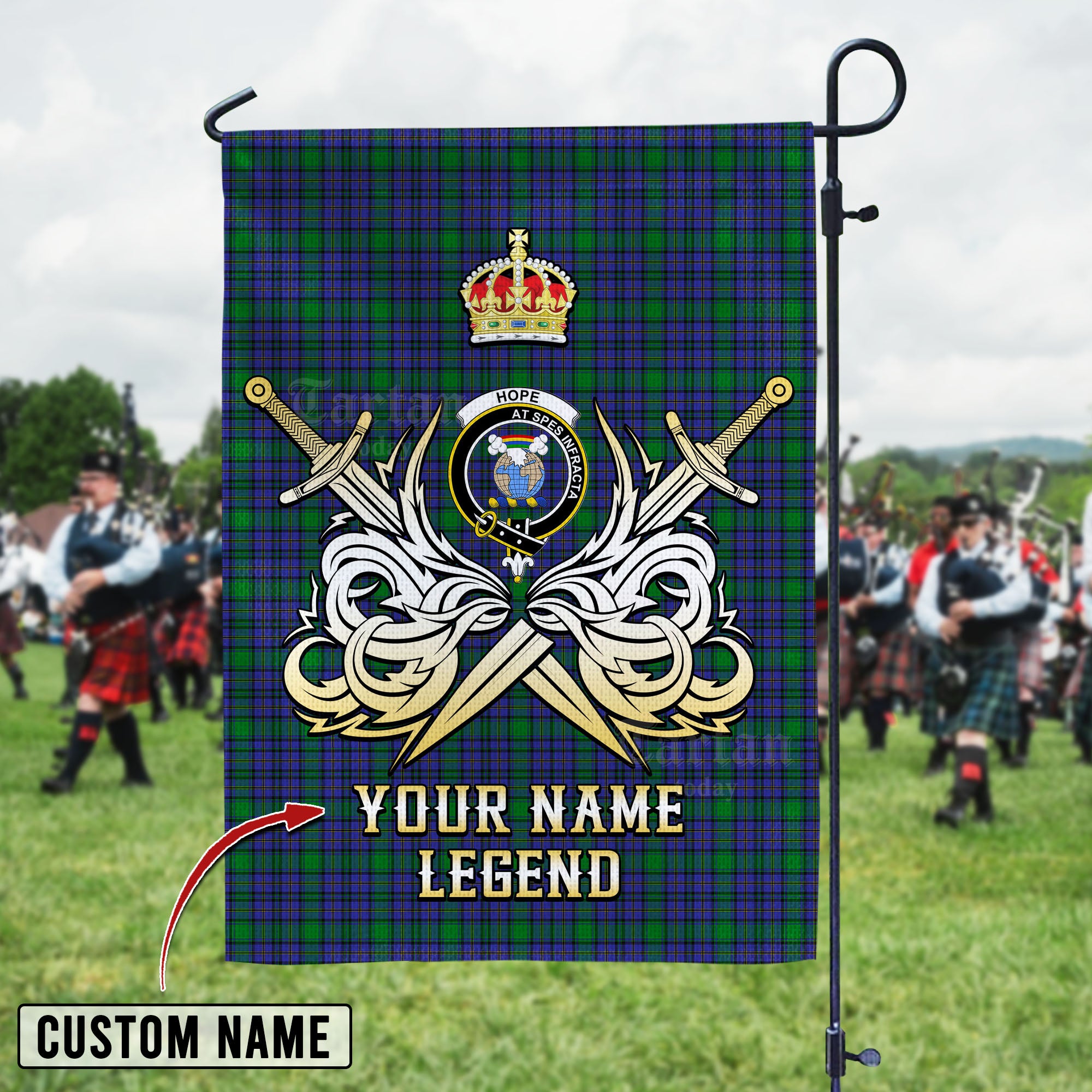 Personalized Custom Name Clan Hope Tartan Garden Flag with Clan Crest and the Golden Sword of Courageous Legacy KY99 - Hope Tartan Design, Scottish Heritage Gift