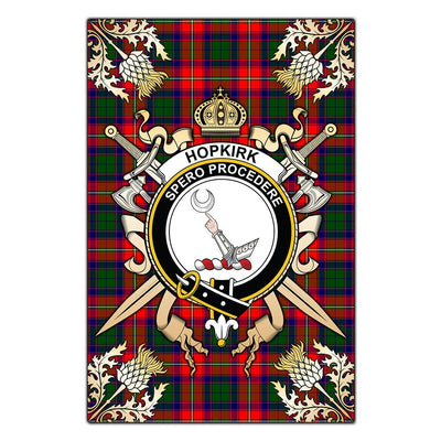 Clan Hopkirk Tartan Crest Black Garden Flag - Gold Thistle