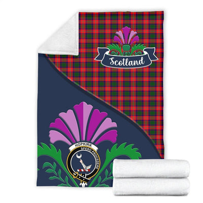 Clan Hopkirk Tartan Crest Premium Blanket Thistle Style