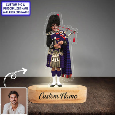 Custom Bagpipe Horsburgh Tartan LED Night Light - Personalized Scottish Bagpiper Figurine with Wooden Stand ZN43