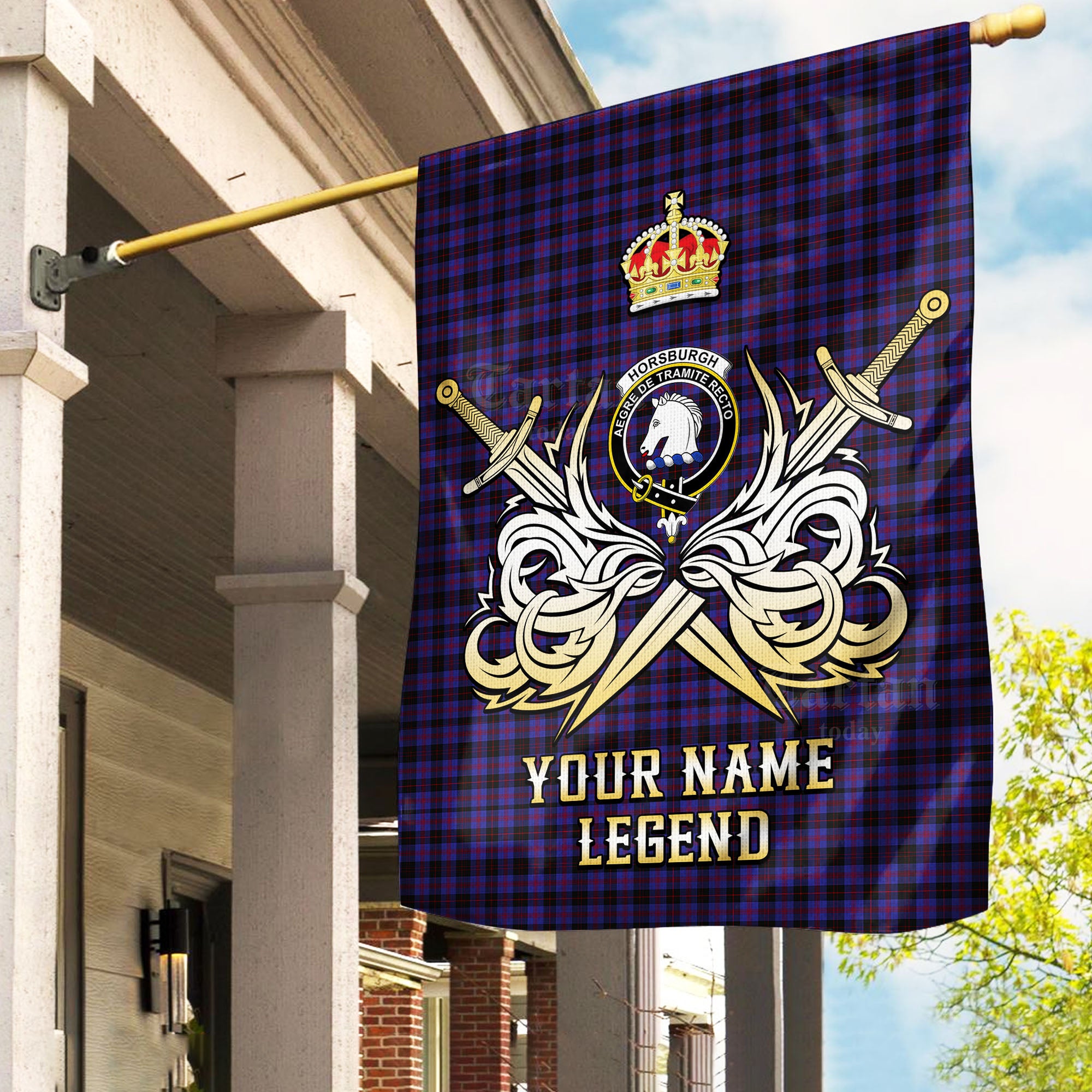 Custom Name Clan Horsburgh Tartan Garden Flag with Clan Crest and the Golden Sword of Courageous Legacy WK25