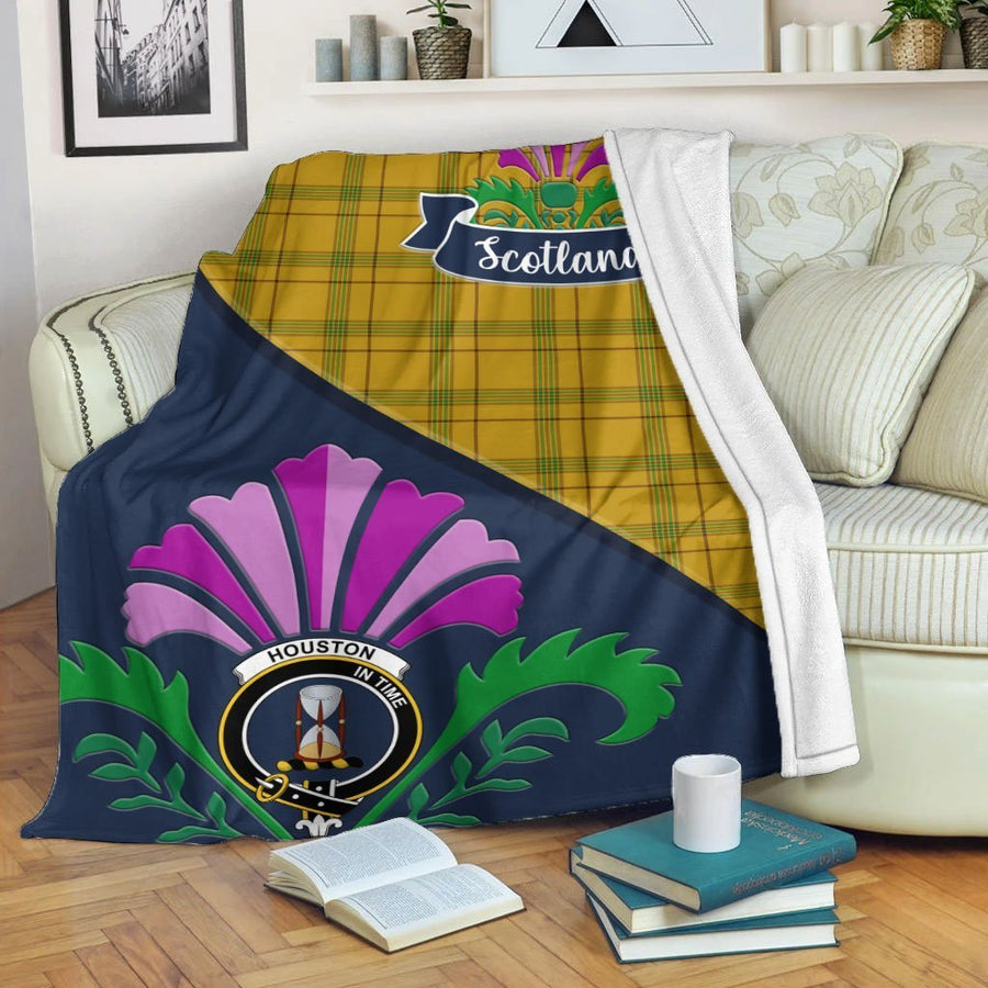 Clan Houston Tartan Crest Premium Blanket Thistle Style