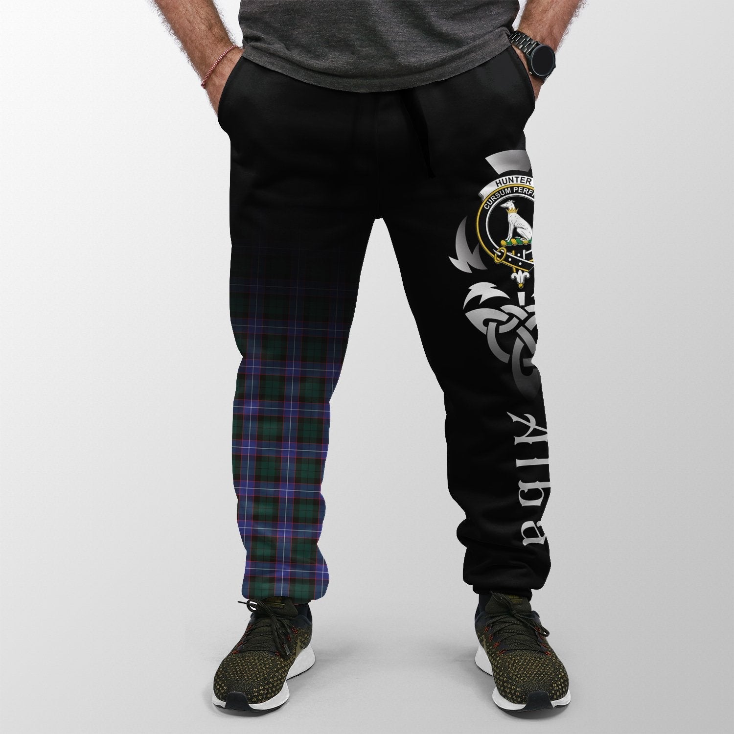Clan Hunter Modern Tartan Crest Jogger Sweatpants  Alba Celtic Style UD30 Clan Hunter Tartan Today   