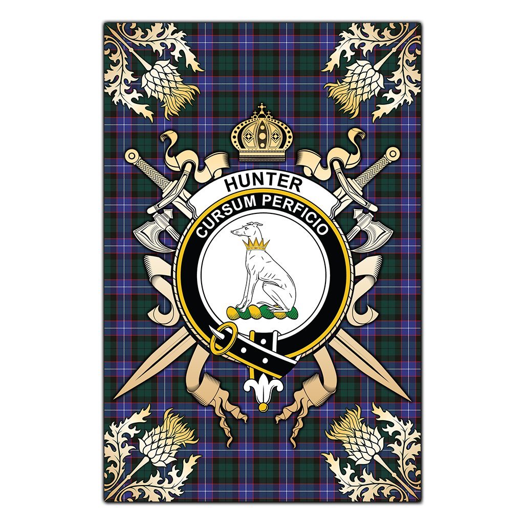 Clan Hunter Modern Tartan Crest Black Garden Flag  - Gold Thistle  TB48 Clan Hunter Tartan Today   