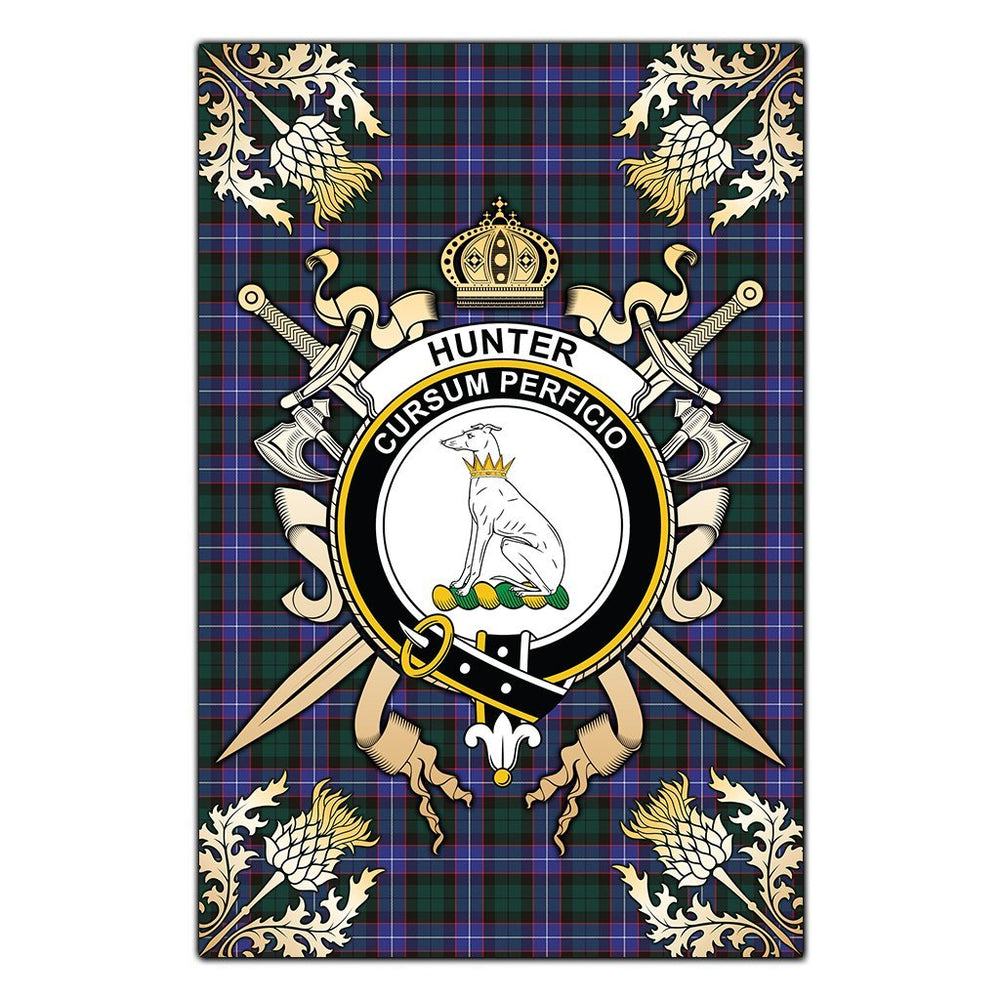 Clan Hunter Modern Tartan Crest Black Garden Flag  - Gold Thistle  TB48 Clan Hunter Tartan Today   