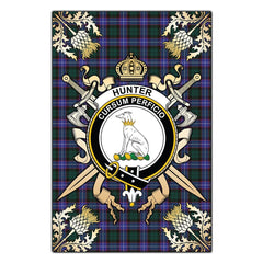 Clan Hunter Modern Tartan Crest Black Garden Flag  - Gold Thistle  TB48 Clan Hunter Tartan Today   