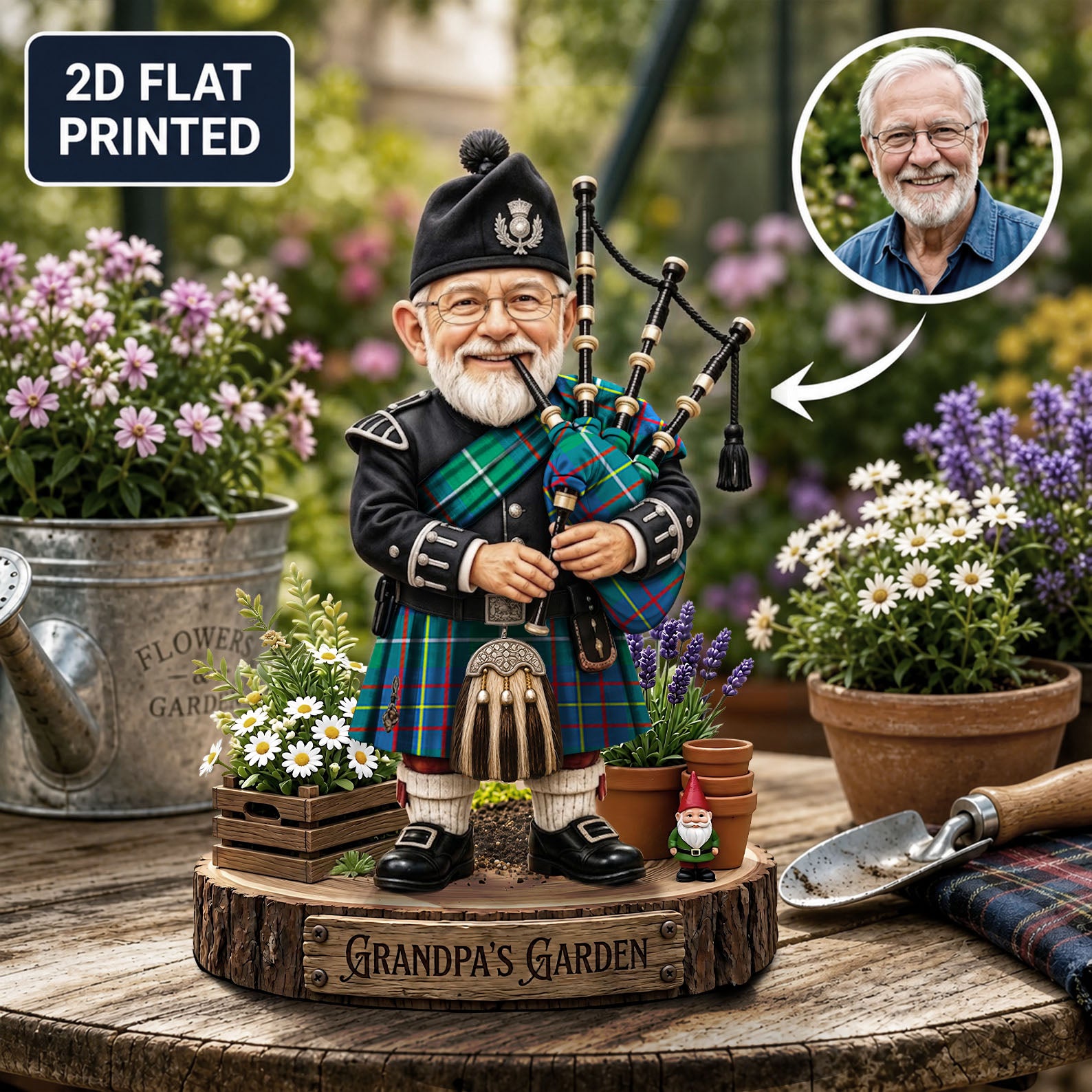 Personalized Inglis Ancient Clan Bagpipe Garden Gnome Caricature Plaque Custom Photo, Any Clan Tartan, Wood or Acrylic, Grandpa & Dad Gift, Scottish Highland Garden Decor AK54