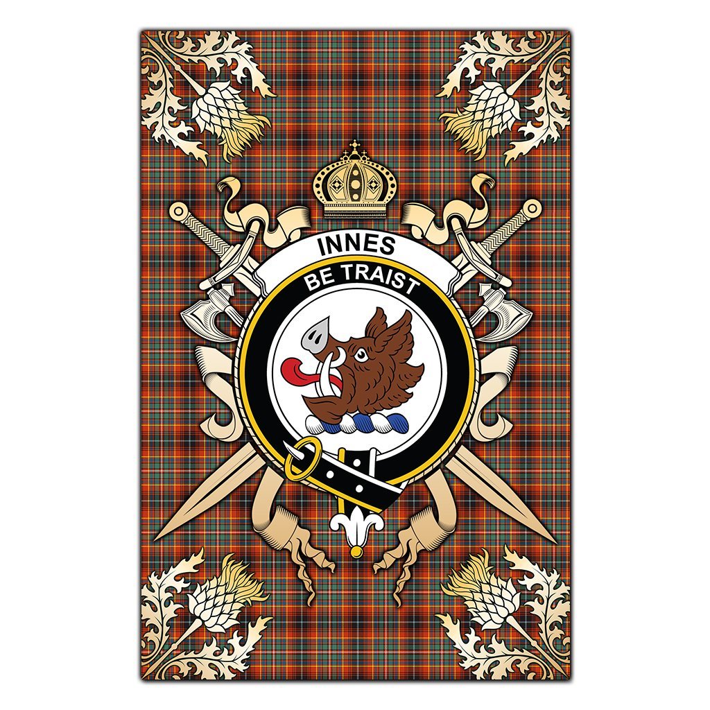 Clan Innes Ancient Tartan Crest Black Garden Flag  - Gold Thistle  UR98 Clan Innes Tartan Today   