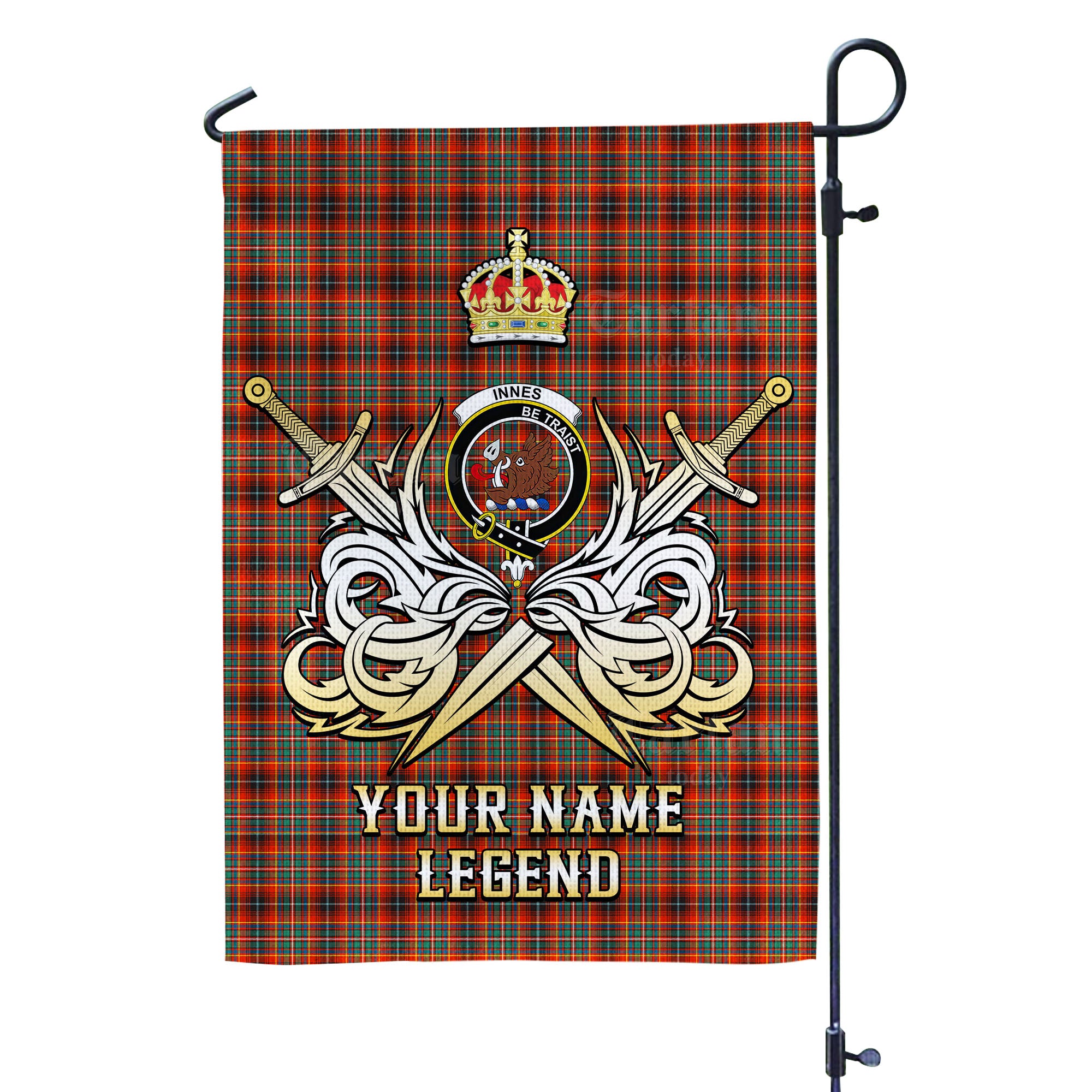 Custom Name Clan Innes Ancient Tartan Garden Flag with Clan Crest and the Golden Sword of Courageous Legacy DA76