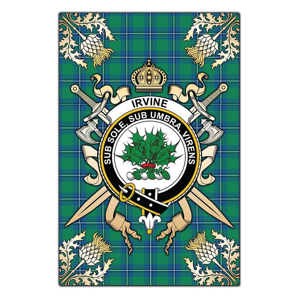 Clan Irvine Ancient Tartan Crest Black Garden Flag  - Gold Thistle  LF24 Clan Irvine Tartan Today   