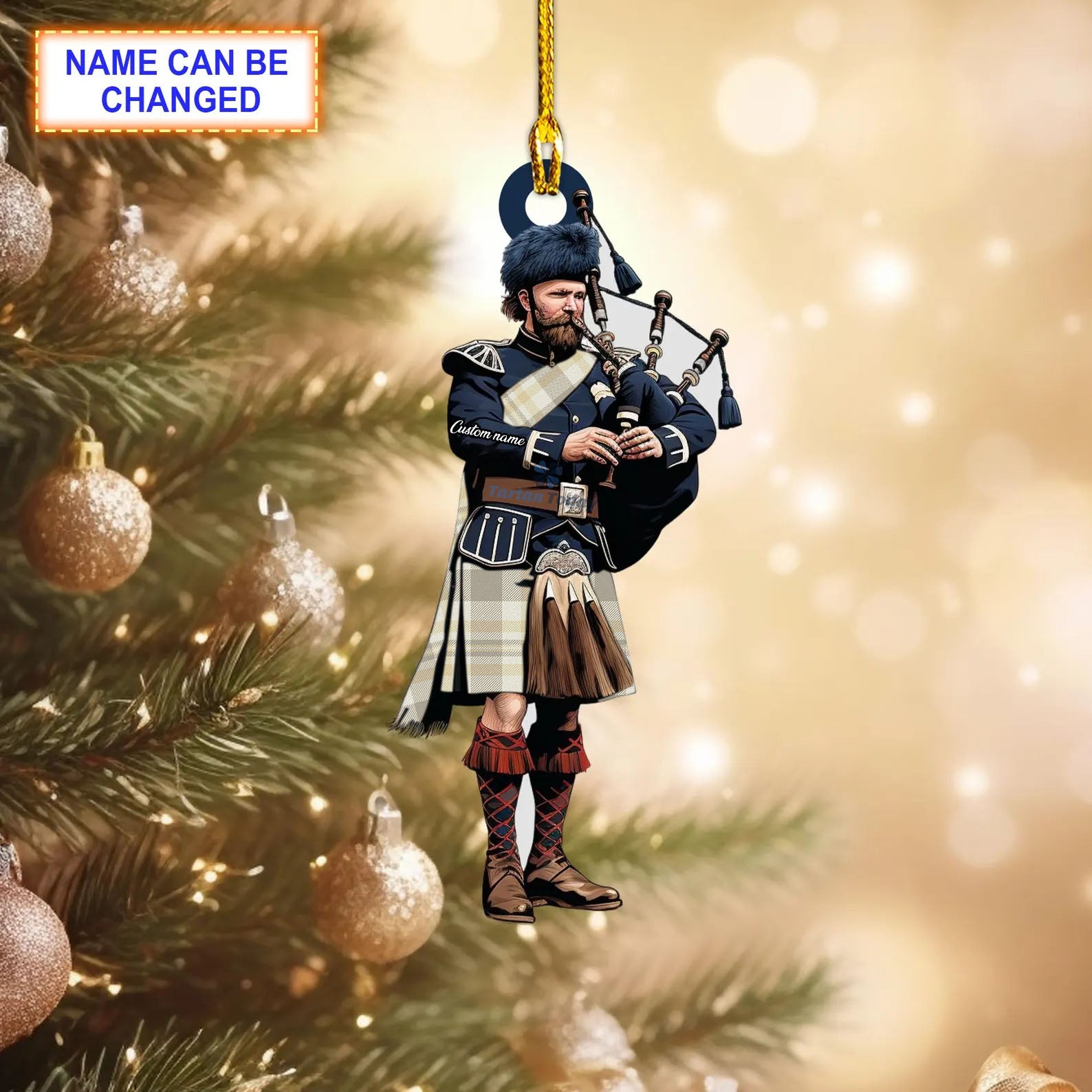 Ivory Blessings Reproduction Tartan Bagpipe Ornament with Custom Name