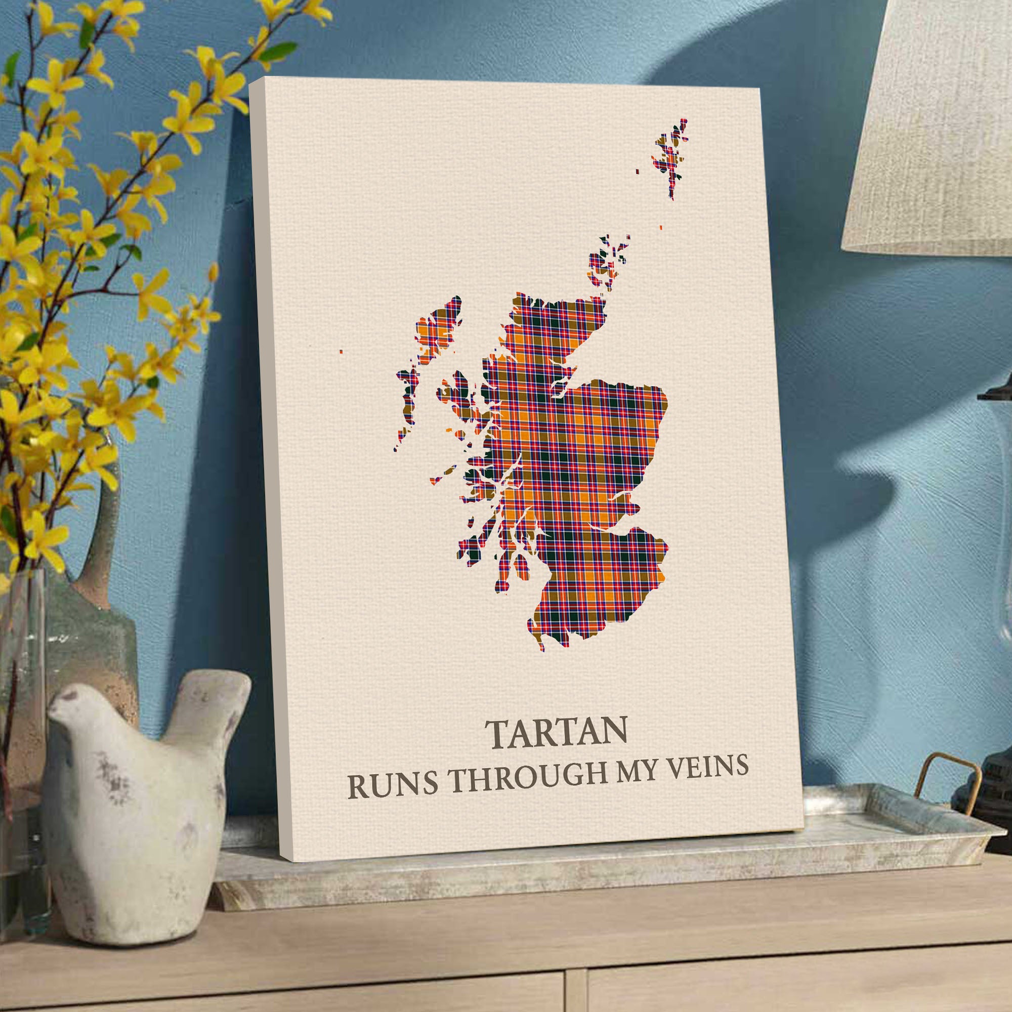 Clan Jacobite Tartan Scotland Map Canvas “Tartan Runs Through My Veins” Wall Art MK23