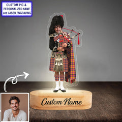 Custom Bagpipe Jacobite Tartan LED Night Light - Personalized Scottish Bagpiper Figurine with Wooden Stand