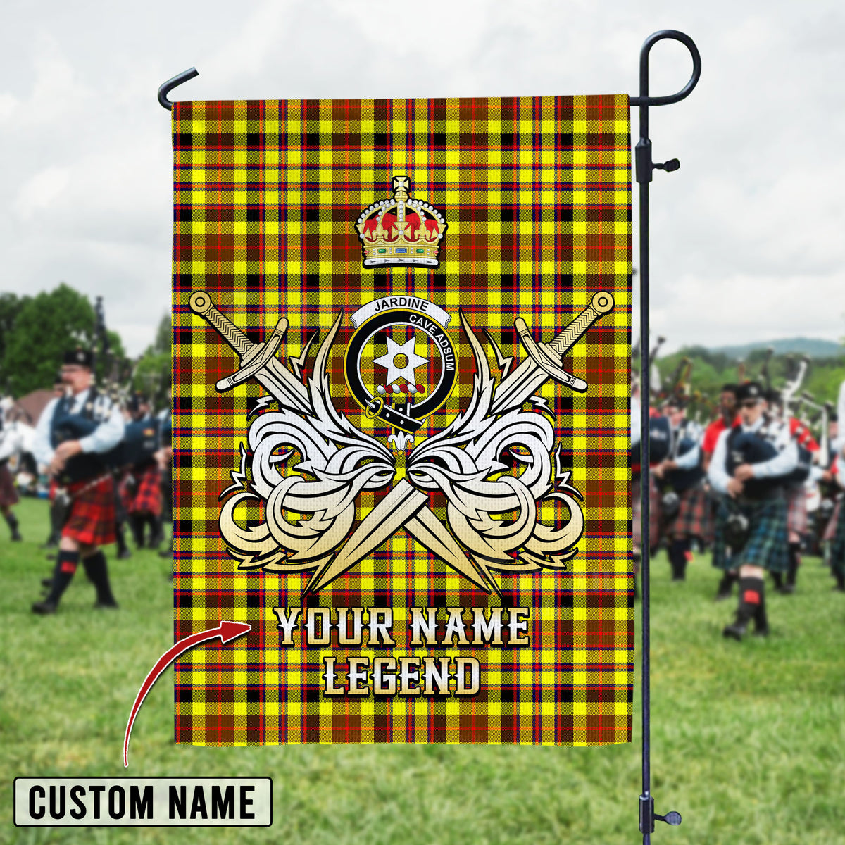 Personalized Custom Name Clan Jardine Tartan Garden Flag with Clan Crest and the Golden Sword of Courageous Legacy VS49 - Jardine Tartan Design, Scottish Heritage Gift