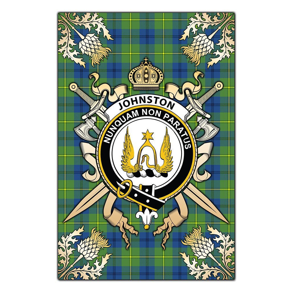 Clan Johnston Ancient Tartan Crest Black Garden Flag  - Gold Thistle  CS54 Clan Johnston Tartan Today   