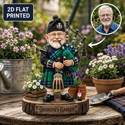 Personalized Keith Ancient Clan Bagpipe Garden Gnome Caricature Plaque Custom Photo, Any Clan Tartan, Wood or Acrylic, Grandpa & Dad Gift, Scottish Highland Garden Decor FR74