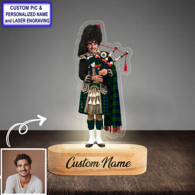 Custom Bagpipe Keith Modern Tartan LED Night Light - Personalized Scottish Bagpiper Figurine with Wooden Stand IY79