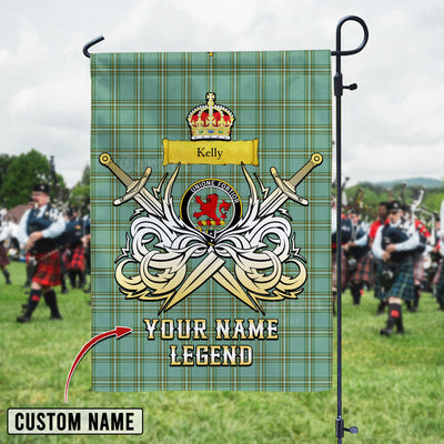 Custom Name Clan Kelly Dress Tartan Garden Flag with Clan Crest and the Golden Sword of Courageous Legacy