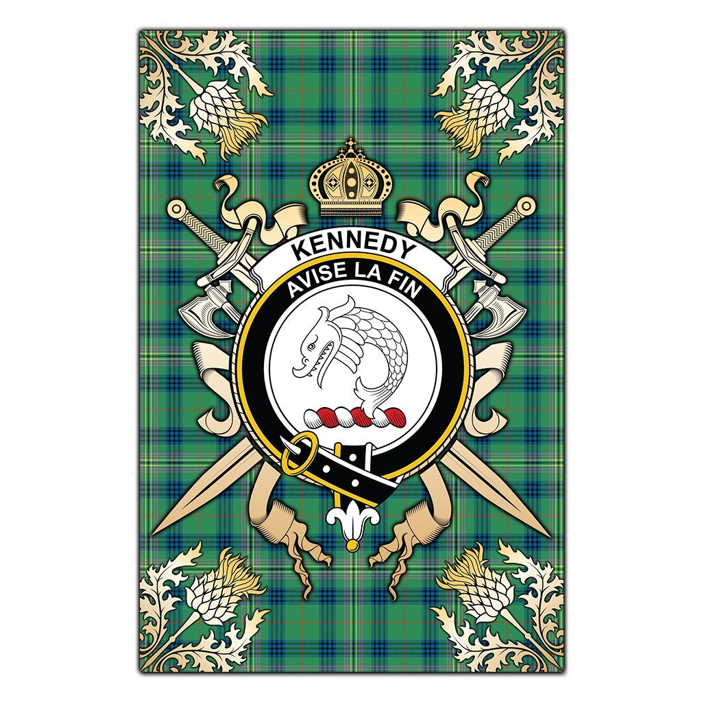 Clan Kennedy Ancient Tartan Crest Black Garden Flag  - Gold Thistle  TK75 Clan Kennedy Tartan Today   