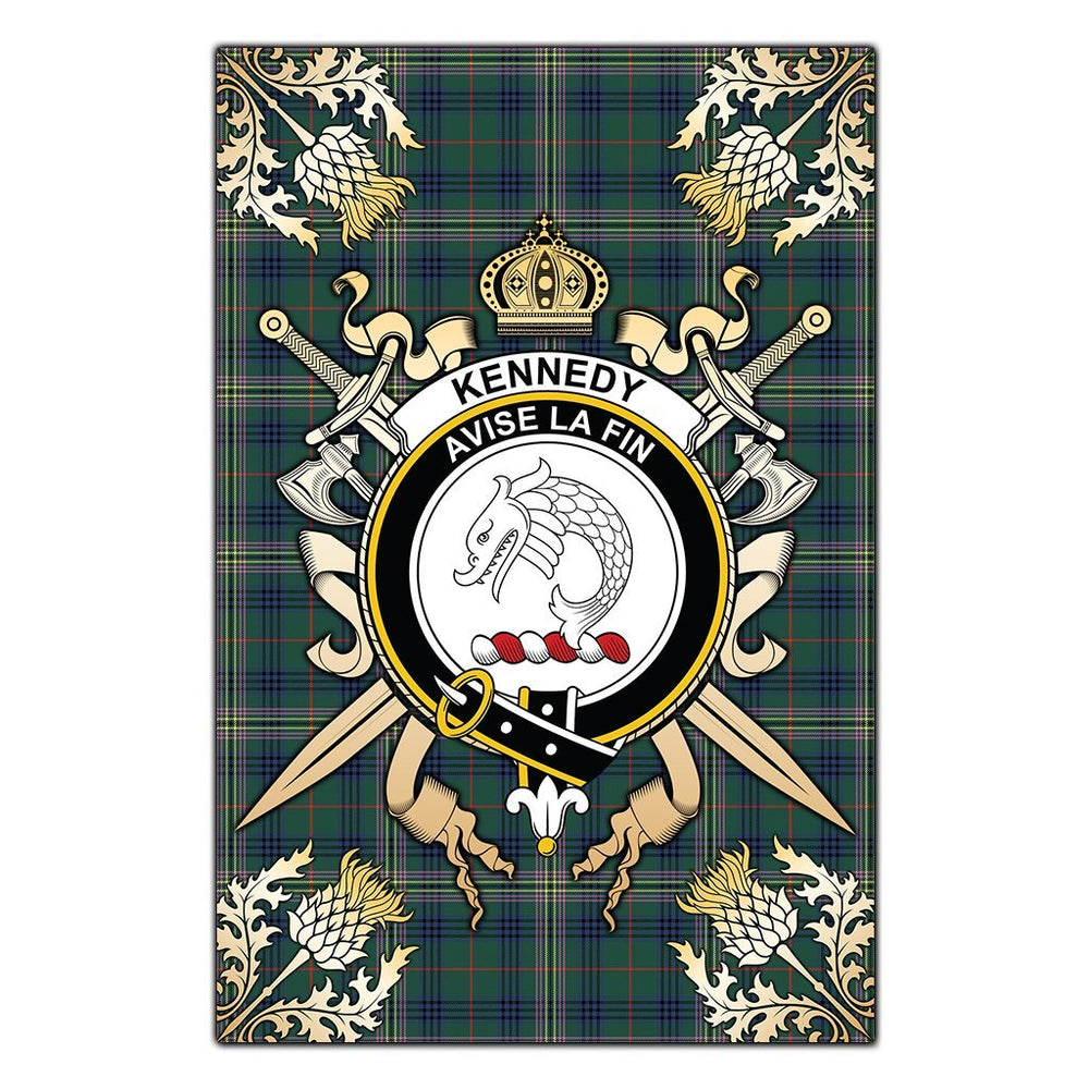 Clan Kennedy Modern Tartan Crest Black Garden Flag  - Gold Thistle  HY41 Clan Kennedy Tartan Today   