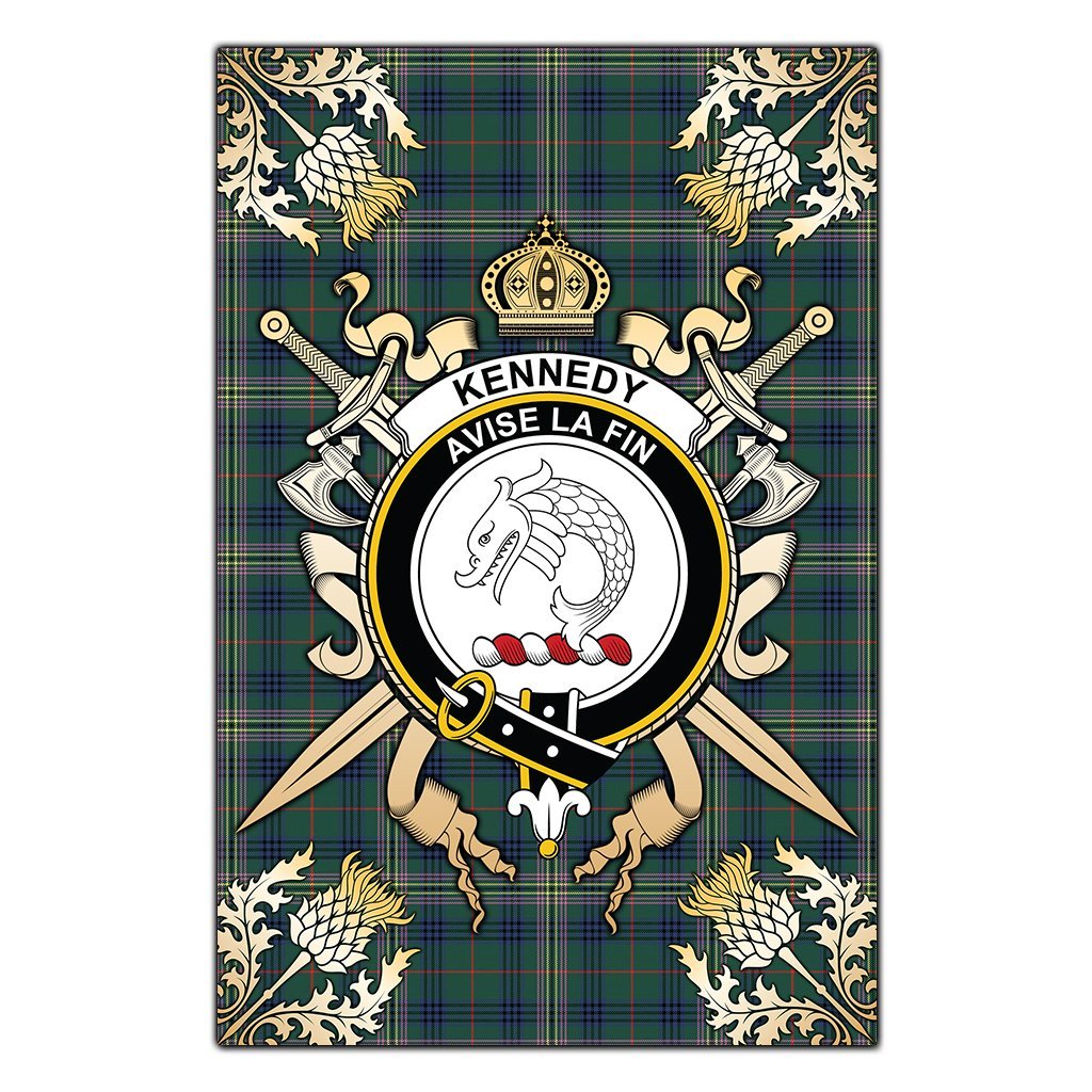 Clan Kennedy Modern Tartan Crest Black Garden Flag  - Gold Thistle  HY41 Clan Kennedy Tartan Today   