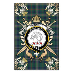 Clan Kennedy Modern Tartan Crest Black Garden Flag  - Gold Thistle  HY41 Clan Kennedy Tartan Today   