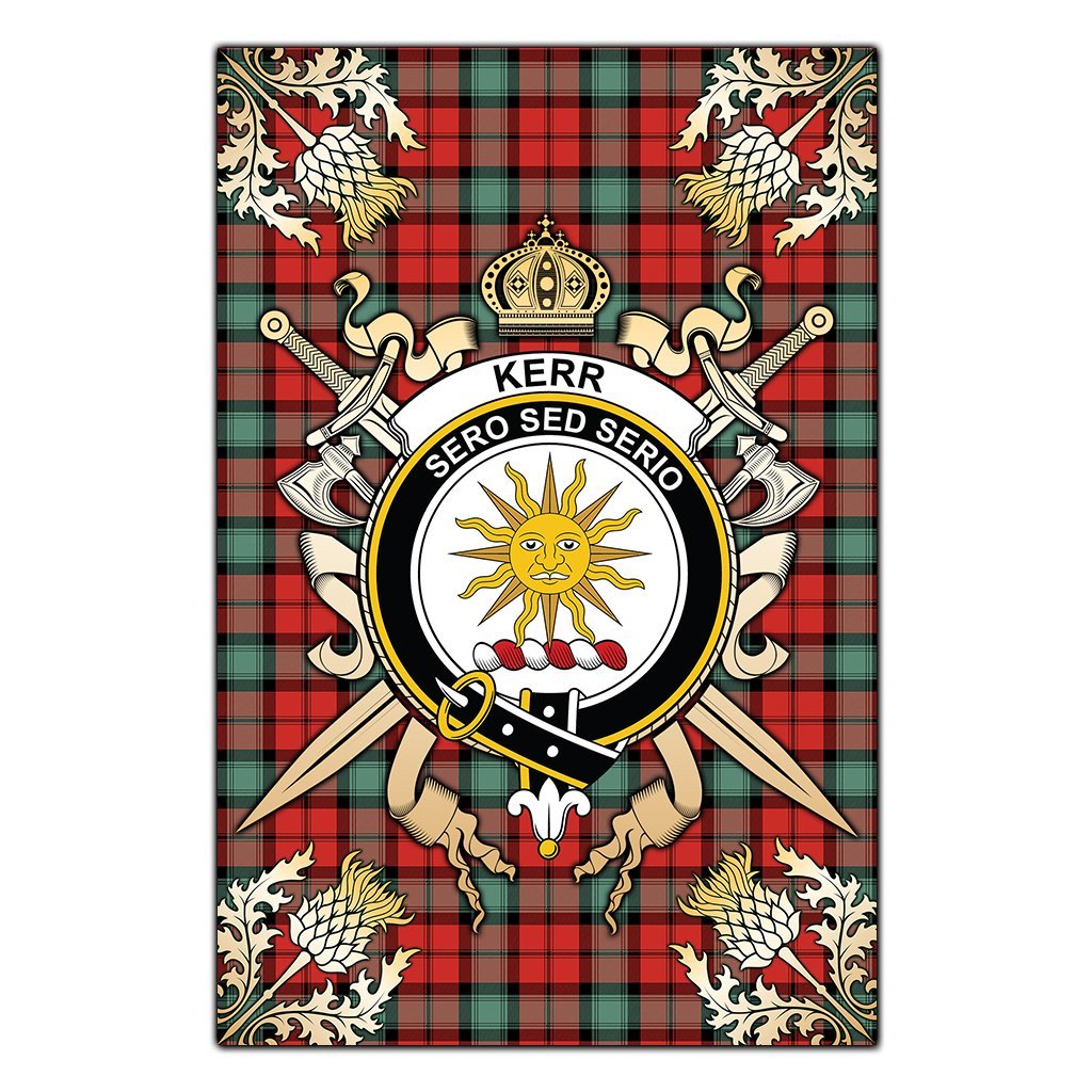 Clan Kerr Ancient Tartan Crest Black Garden Flag  - Gold Thistle  IU95 Clan Kerr Tartan Today   