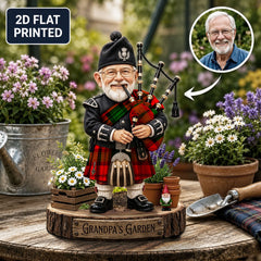 Personalized Kerr Modern Clan Bagpipe Garden Gnome Caricature Plaque Custom Photo, Any Clan Tartan, Wood or Acrylic, Grandpa & Dad Gift, Scottish Highland Garden Decor XP73