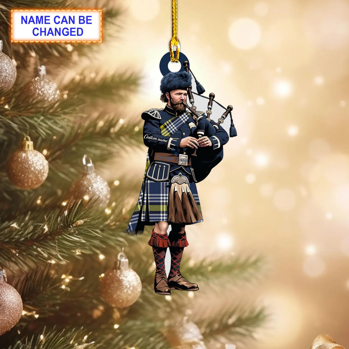 Kile Modern Tartan Bagpipe Ornament with Custom Name