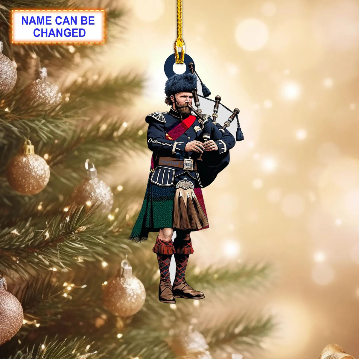 Kilgour Modern Tartan Bagpipe Ornament with Custom Name