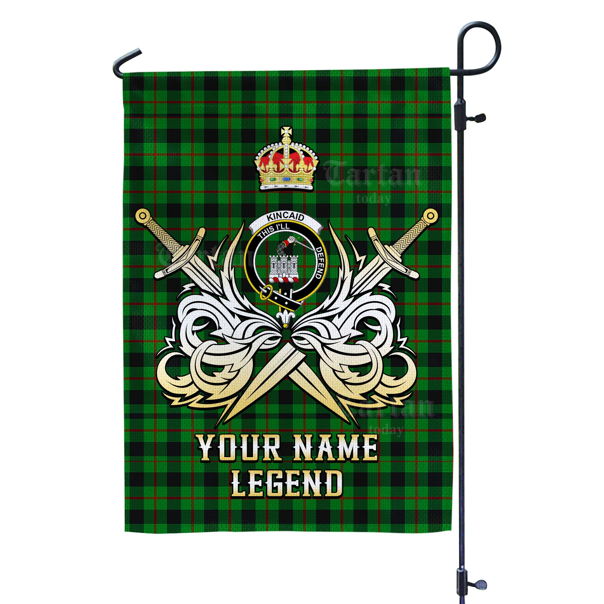 Custom Name Clan Kincaid Tartan Garden Flag with Clan Crest and the Golden Sword of Courageous Legacy VM79