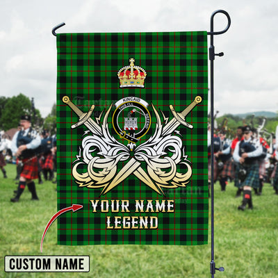 Custom Name Clan Kincaid Tartan Garden Flag with Clan Crest and the Golden Sword of Courageous Legacy VM79