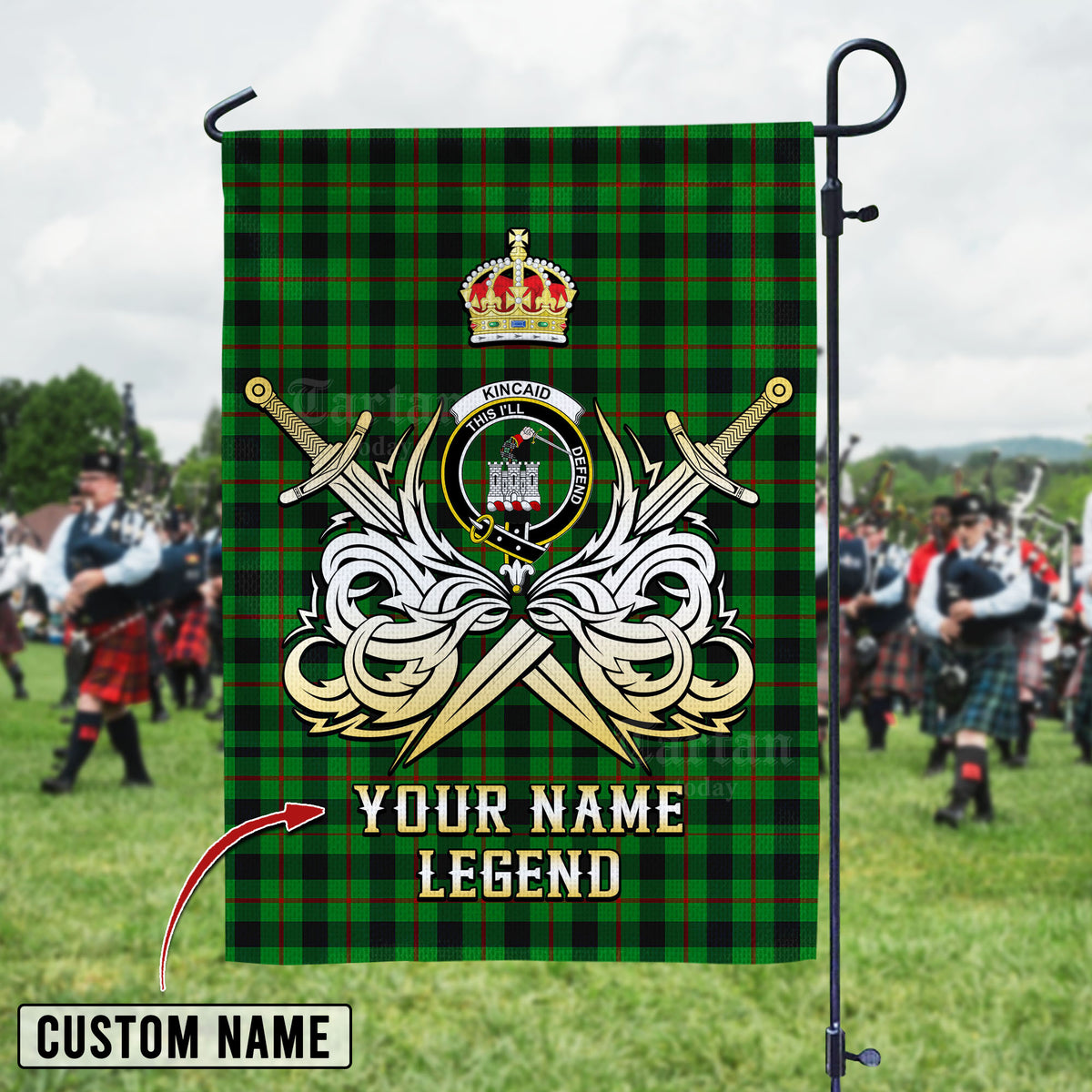 Personalized Custom Name Clan Kincaid Tartan Garden Flag with Clan Crest and the Golden Sword of Courageous Legacy VM79 - Kincaid Tartan Design, Scottish Heritage Gift