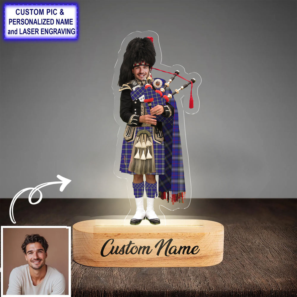 Custom Bagpipe Kinnaird Tartan LED Night Light - Personalized Scottish Bagpiper Figurine with Wooden Stand