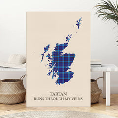 Clan Kirkcaldy Tartan Scotland Map Canvas “Tartan Runs Through My Veins” Wall Art MP21