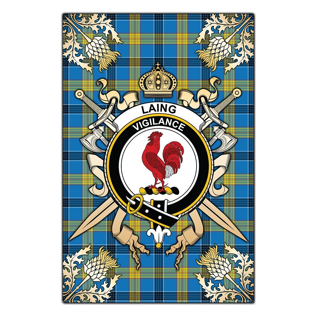 Clan Laing Tartan Crest Black Garden Flag  - Gold Thistle  BN81 Clan Laing Tartan Today   