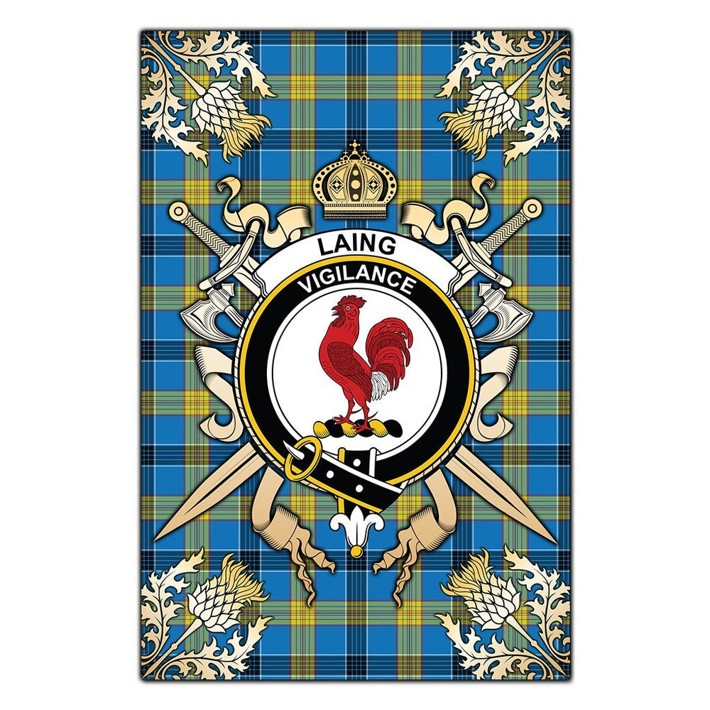Clan Laing Tartan Crest Black Garden Flag  - Gold Thistle  BN81 Clan Laing Tartan Today   