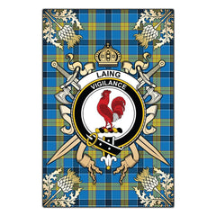 Clan Laing Tartan Crest Black Garden Flag  - Gold Thistle  BN81 Clan Laing Tartan Today   