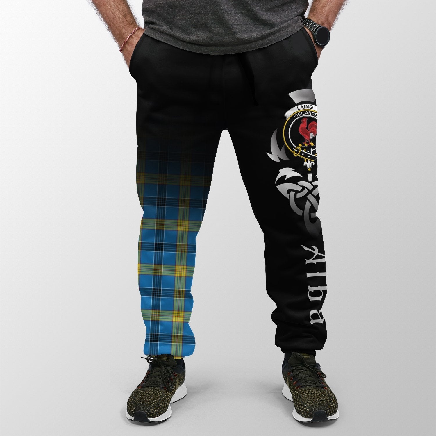 Clan Laing Tartan Crest Jogger Sweatpants  Alba Celtic Style LA17 Clan Laing Tartan Today   