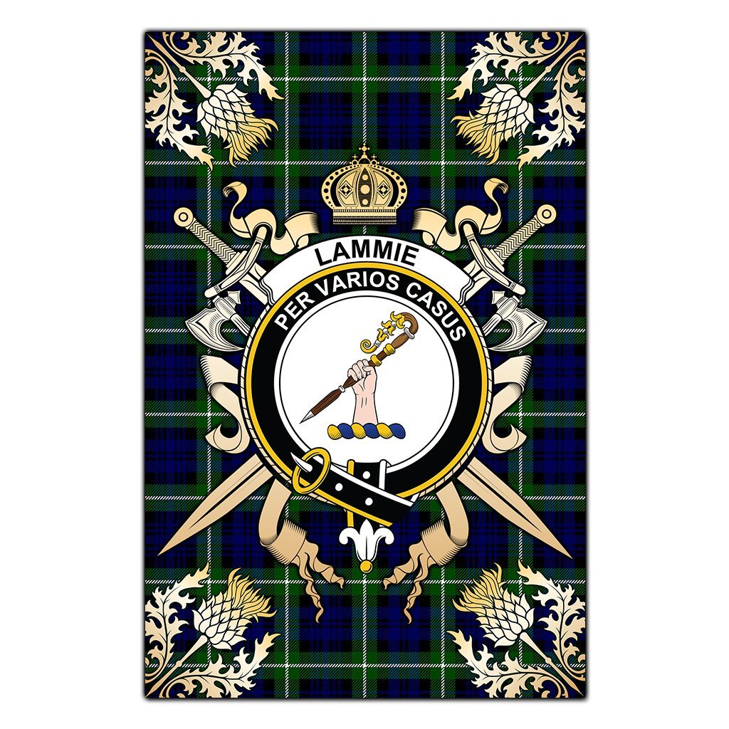 Clan Lammie Tartan Crest Black Garden Flag  - Gold Thistle  KG70 Clan Lammie Tartan Today   