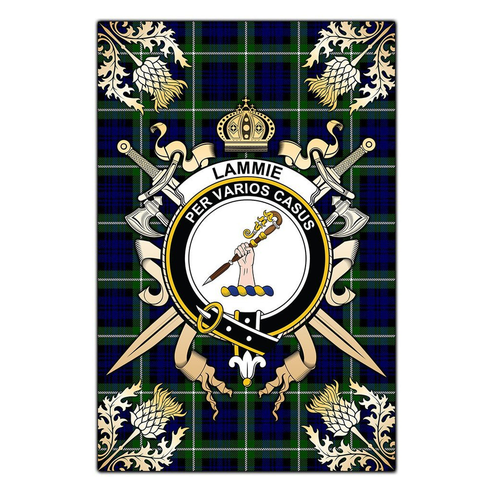 Clan Lammie Tartan Crest Black Garden Flag  - Gold Thistle  KG70 Clan Lammie Tartan Today   
