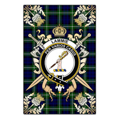 Clan Lammie Tartan Crest Black Garden Flag  - Gold Thistle  KG70 Clan Lammie Tartan Today   