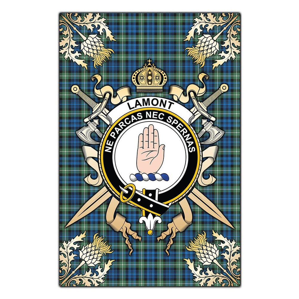 Clan Lamont Ancient Tartan Crest Black Garden Flag  - Gold Thistle  QF33 Clan Lamont Tartan Today   