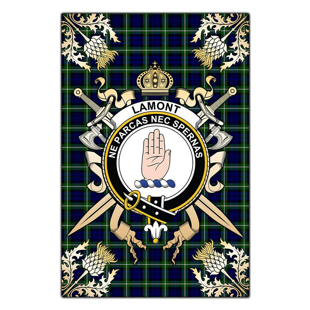 Clan Lamont Modern Tartan Crest Black Garden Flag  - Gold Thistle  NN70 Clan Lamont Tartan Today   