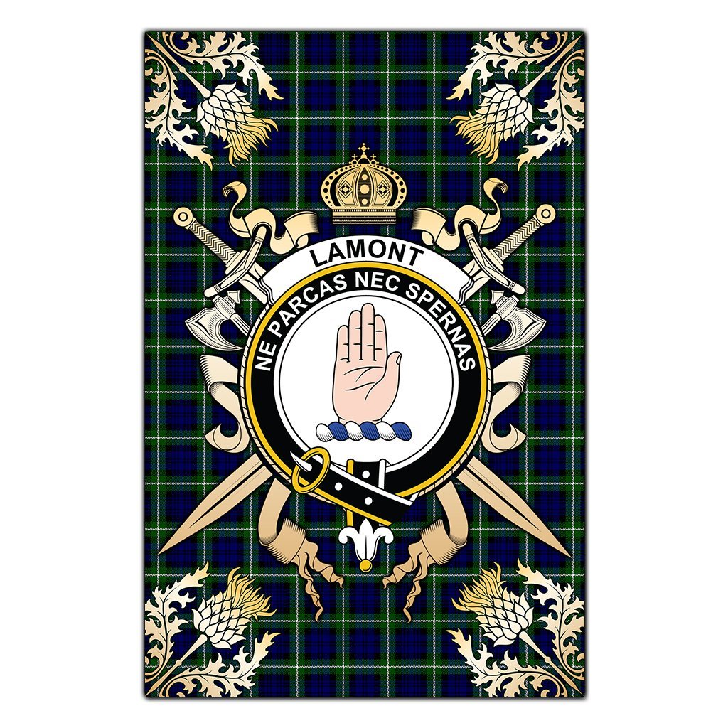 Clan Lamont Modern Tartan Crest Black Garden Flag  - Gold Thistle  NN70 Clan Lamont Tartan Today   