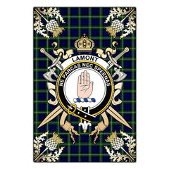 Clan Lamont Modern Tartan Crest Black Garden Flag  - Gold Thistle  NN70 Clan Lamont Tartan Today   